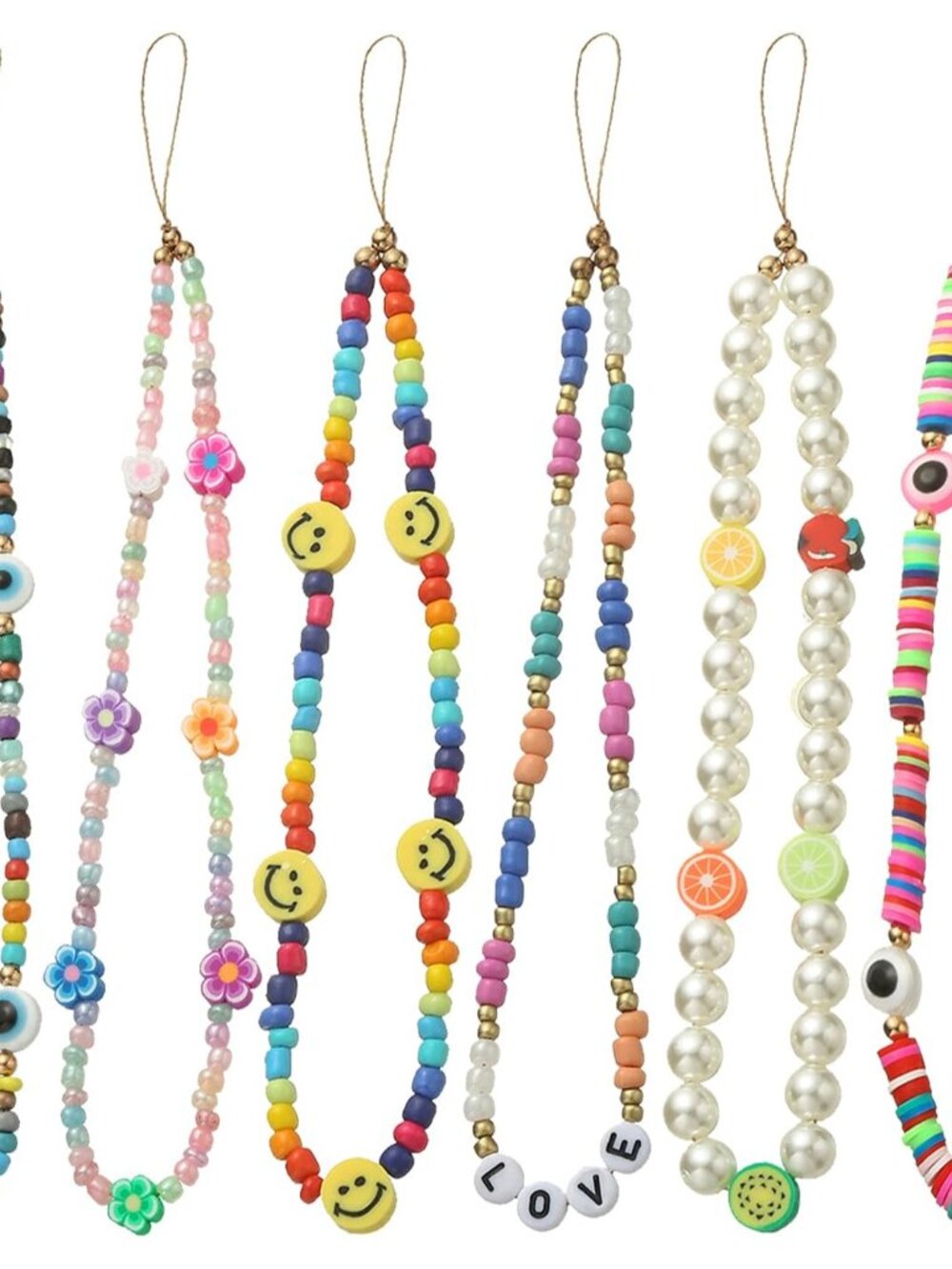 6PCS Beaded Phone Charms Strap Fruit Star Faux Pearl Rainbow Beads Phone Chains